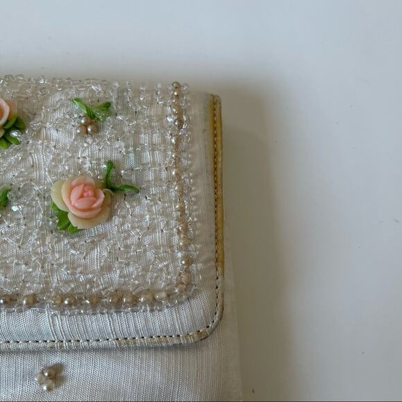 Vintage 1950s Soure Beaded Envelope Clutch Bag Silk 3D Roses Cream Pink GUC - Picture 7 of 11